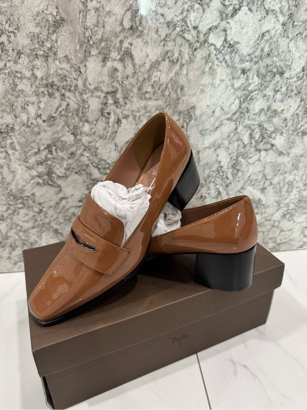 Paolo Women’s Brown Patent Leather Block Heel Loafers